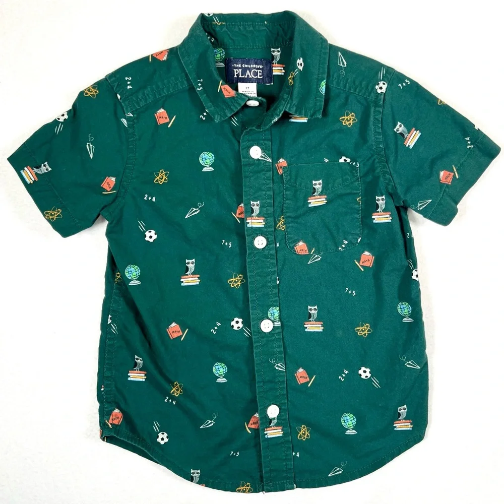 THE CHILDRENS PLACE Boys Doodle Poplin Button Up‎ Shirt 2T Back to School Green